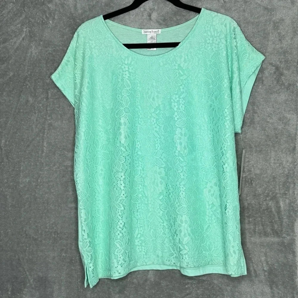 Hasting &‎ Smith 1X Shirt Top Seafoam Green Floral Short Sleeve Roundn Neck Lace